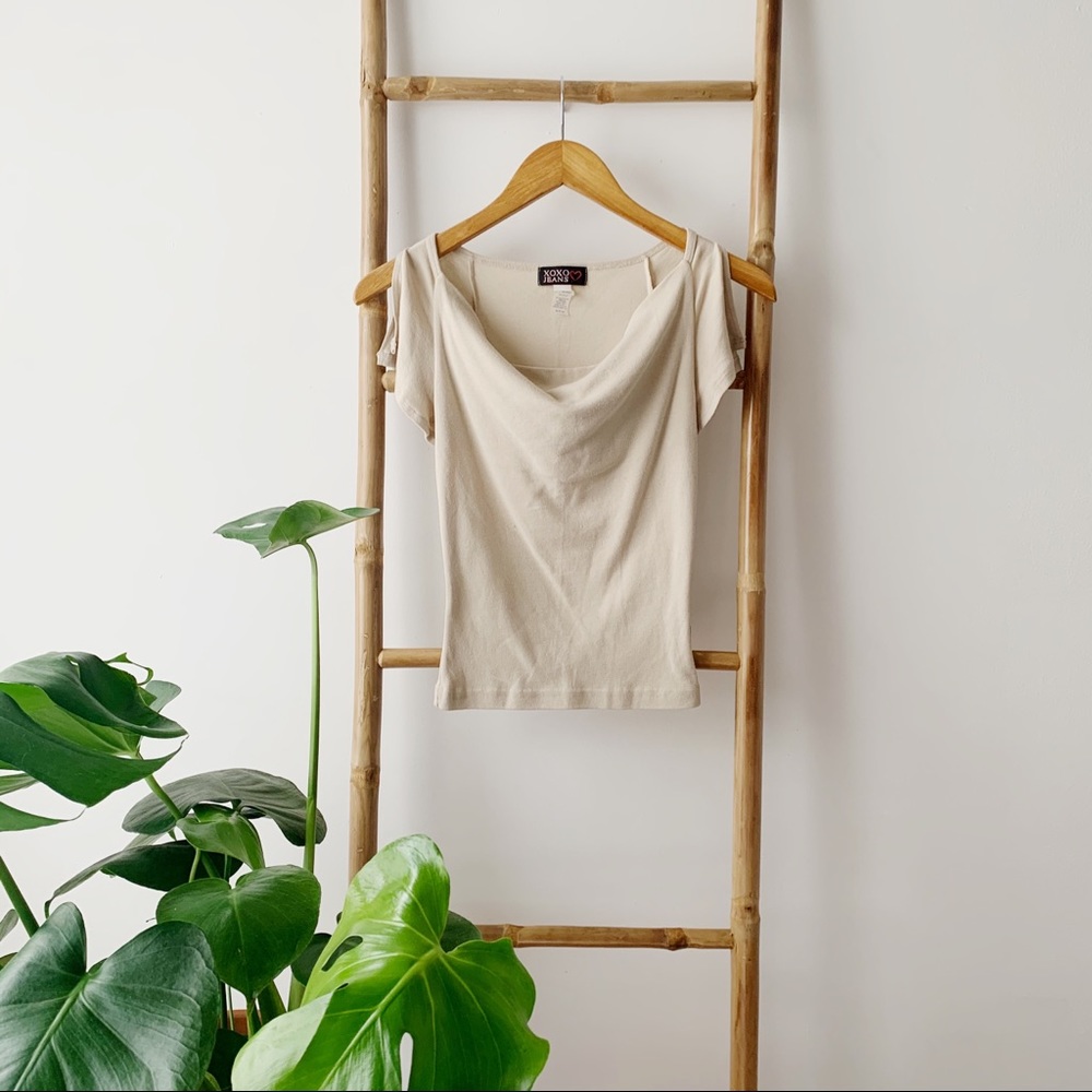 Vintage Tan Cowl Neck Ribbed Top
